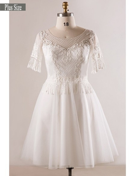 Shop Unique Plus Size Unique Lace Short Sleeve Appliques White Wedding Dress Under 179
