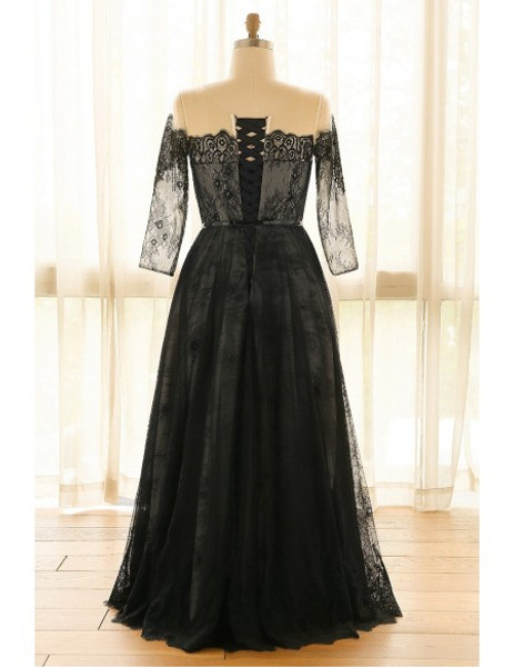 Off Shoulder Long Black Lace Plus Size Mother Of The Brides Dress