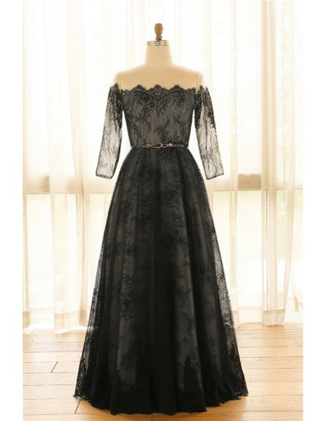 Off Shoulder Long Black Lace Plus Size Mother Of The Brides Dress