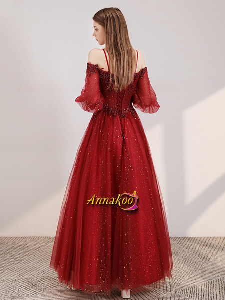 Long Sleeve Spaghetti Straps A Line Appliques Sequin Burgundy Prom Dress