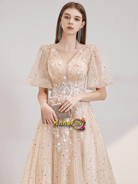 Shop Beautiful 2021 Gold Short Sleeves Appliques V Neck Sequin Tulle Corset Prom Dress Under 136