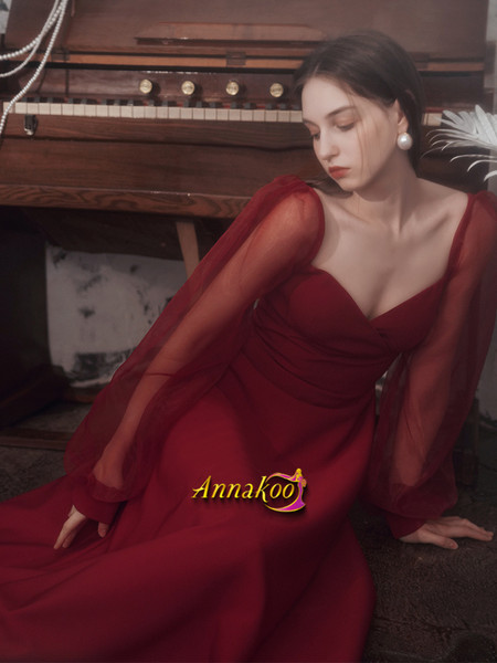 Tea Length V Neck Burgundy Long Sleeve Satin Prom Dress