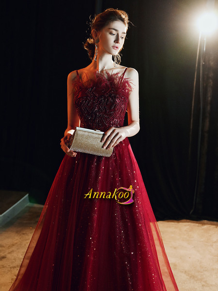 Spaghetti Straps Sequin Tulle Feather A Line Burgundy Prom Dress