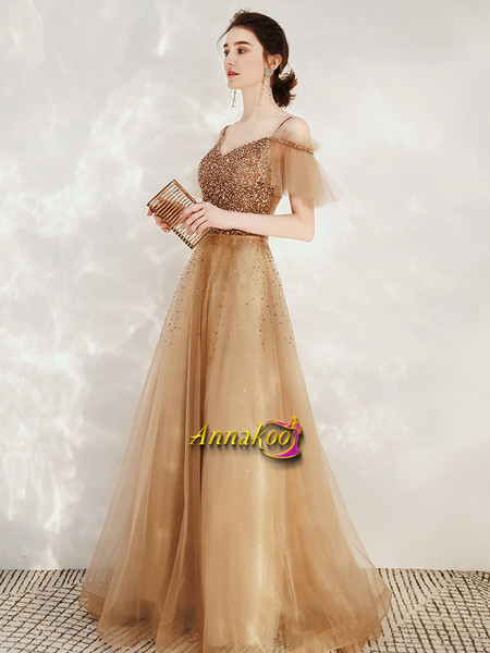 Cap Sleeve Champagne Beading Sequin Spaghetti Straps Prom Dress