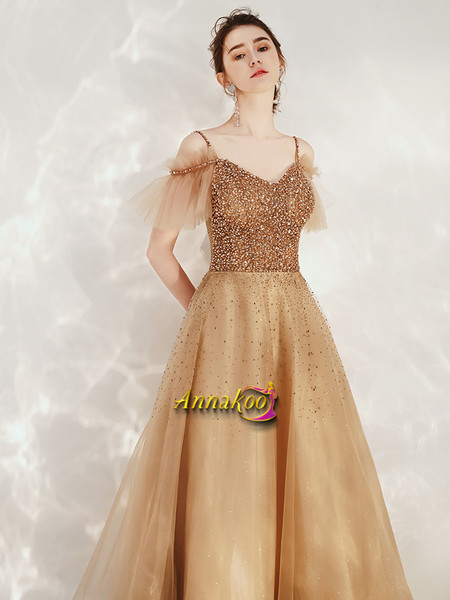 Shop 2021 Cap Sleeve Champagne Beading Sequin Spaghetti Straps Prom Dress Under 159