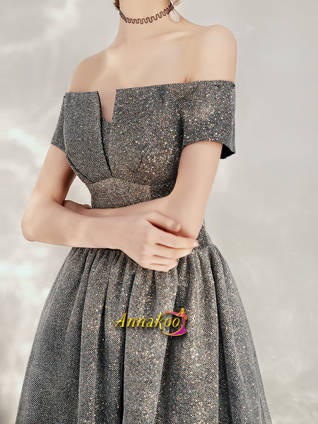 Shop Cheap 2020 Off The Shoulder Sequin Sparkle Short Sleeve Lace Up Gray Prom Dress Under 138