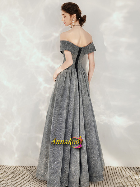 Shop Cheap 2020 Off The Shoulder Sequin Sparkle Short Sleeve Lace Up Gray Prom Dress Under 138