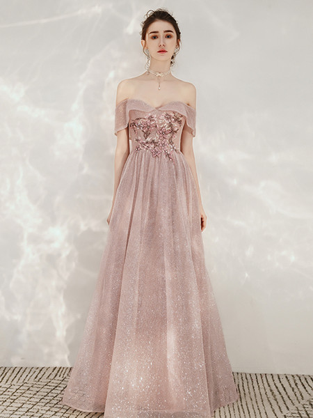 Shop 2021 Flower Appliques Off The Shoulder Sequin Tulle Pink Prom Dress Under 138