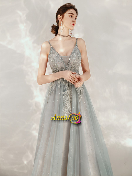 Shop Sexy 2021 V Neck Appliques Beading Tulle Gray See Through Backless Prom Dress Under 158