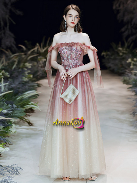 Shop 2021 Off The Shoulder Ombre Pink Lace Up Appliques Prom Dress Under 148