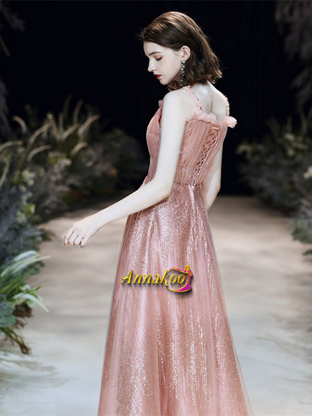 Shop 2021 Spaghetti Straps Pink Sequin Lace Up Tulle Long Prom Dress Under 159