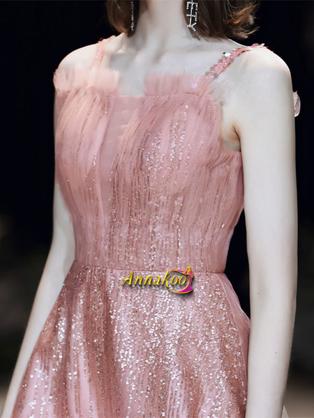 Shop 2021 Spaghetti Straps Pink Sequin Lace Up Tulle Long Prom Dress Under 159