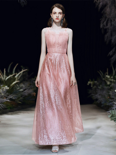 Shop 2021 Spaghetti Straps Pink Sequin Lace Up Tulle Long Prom Dress Under 159