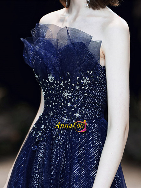 Shop 2021 Blue Sequin Beading Unique Strapless Lace Up Prom Dress Under 156