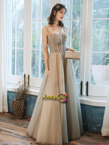 Spaghetti Straps Champagne See Through Appliques Prom Dress