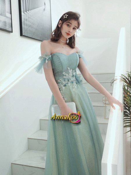 Shop 2021 Off The Shoulder Mint Sparkly Bling Bling Tulle Prom Dress Under 143
