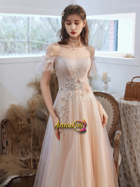 Shop 2021 Off The Shoulder Tulle Beading Appliques Pink Prom Dress Under 147
