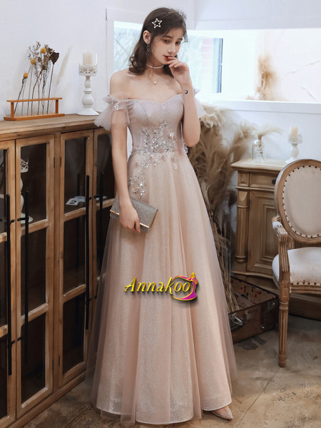 Off The Shoulder Tulle Beading Appliques Pink Prom Dress