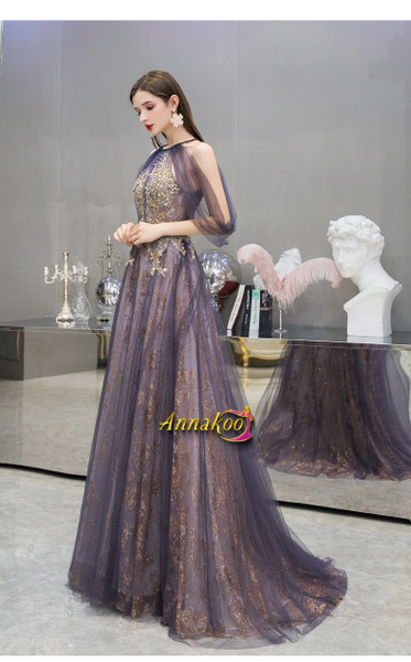 Purple Sparkly Appliques Backless Open Back Tulle Prom Dress