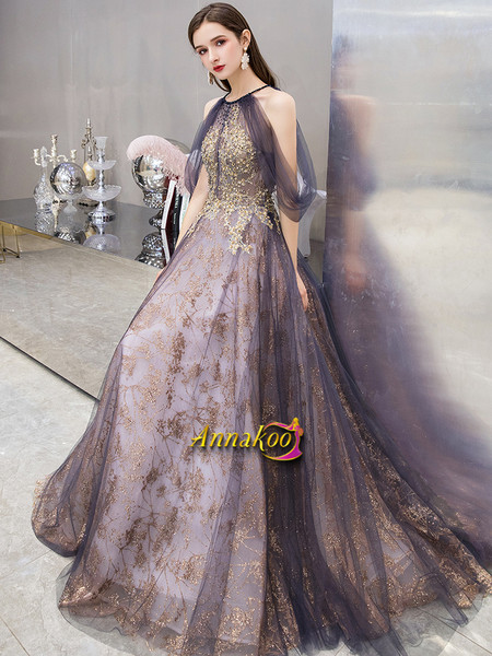 Purple Sparkly Appliques Backless Open Back Tulle Prom Dress