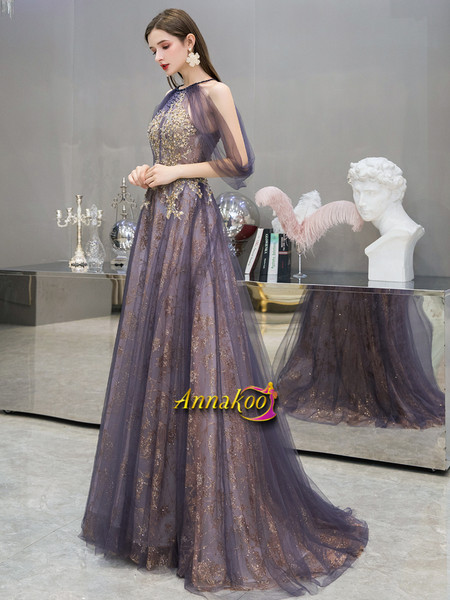 Shop 2021 Unique Purple Sparkly Appliques Backless Open Back Tulle Prom Dress From Annakoo