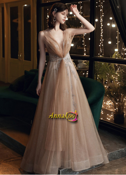 Gold Champagne Rose Sequin Sparkle Lace Up Tulle Prom Dress