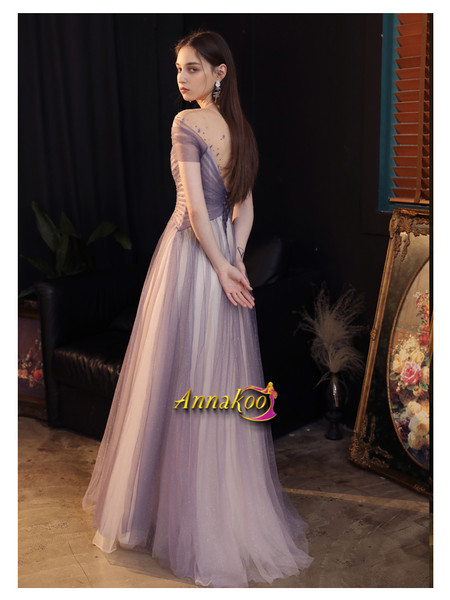 Shop 2021 Halter Tulle Purple Beading See Through Scoop Open Back Prom Dress Under 165