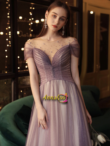 Halter Tulle Purple Beading See Through Scoop Open Back Prom Dress