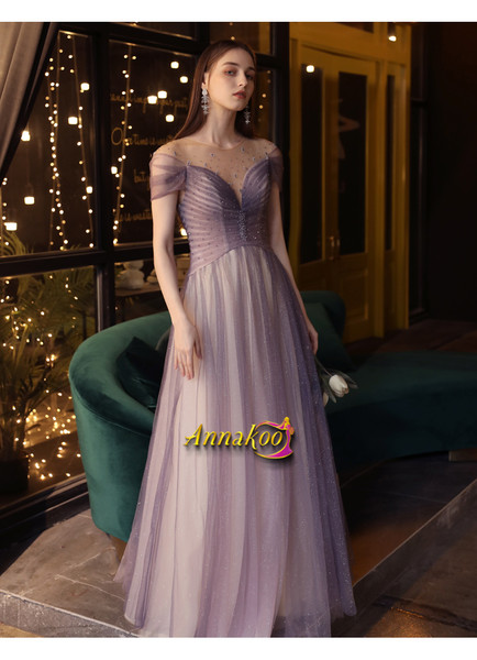 Halter Tulle Purple Beading See Through Scoop Open Back Prom Dress