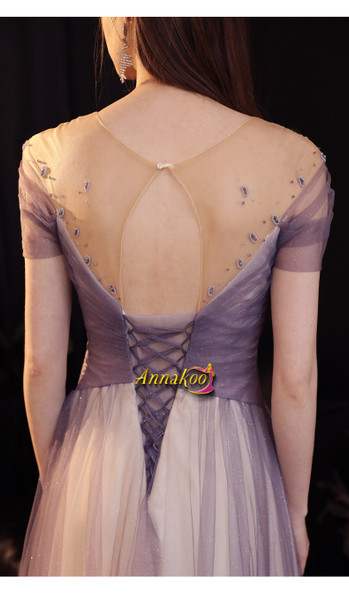 Shop 2021 Halter Tulle Purple Beading See Through Scoop Open Back Prom Dress Under 165