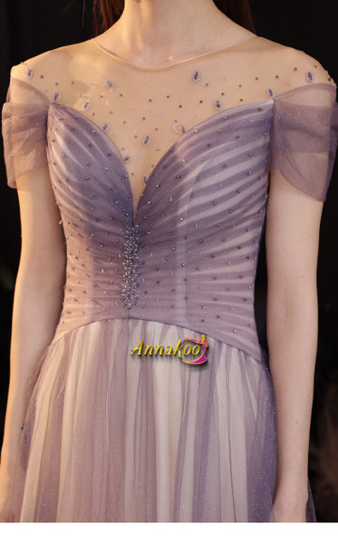 Shop 2021 Halter Tulle Purple Beading See Through Scoop Open Back Prom Dress Under 165