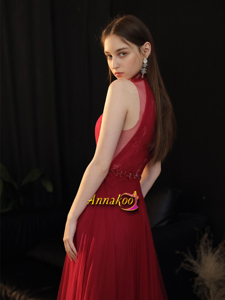 Shop 2021 Unique Red High Neck See Through Beading Zipper Up Sleeveless Prom Dress From Annakoo