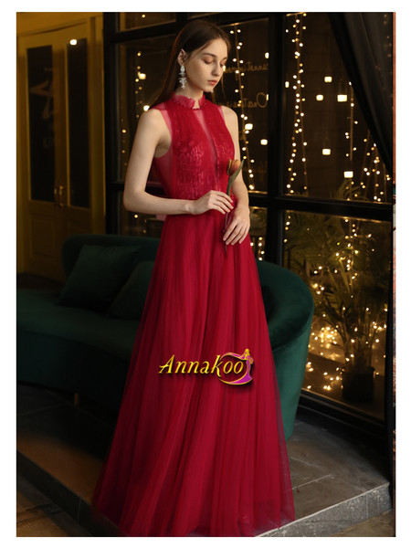 Red High Neck See Through Beading Zipper Up Sleeveless Prom Dress