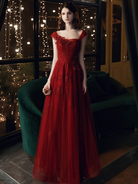 Shop 2021 Straps Tulle Applique Red Lace Up Floor Length Prom Dress From Annakoo