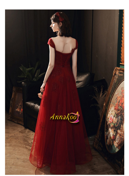Straps Tulle Applique Red Lace Up Floor Length Prom Dress