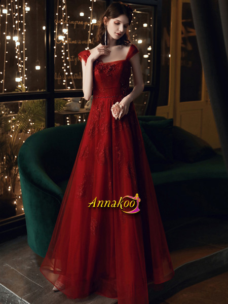 Shop 2021 Straps Tulle Applique Red Lace Up Floor Length Prom Dress From Annakoo