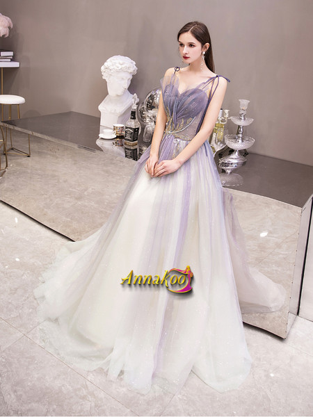 Sequin Spaghetti Straps Light Purple Beading Lace Up Prom Dress