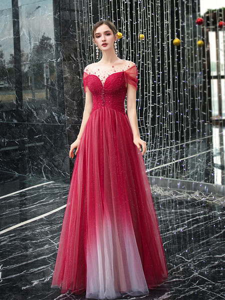 Shop 2021  Red Tulle Sequin Beading Short Sleeve Sparkle Lace Up Prom Dress Under 158