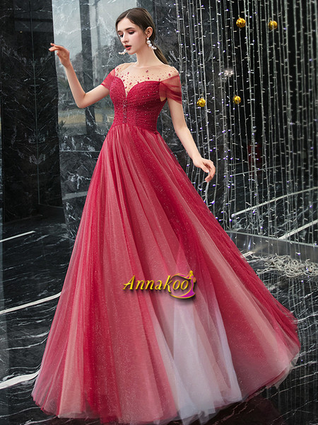 Red Tulle Sequin Beading Short Sleeve Sparkle Lace Up Prom Dress
