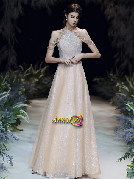 Halter Beading Sequin Champagne Backless A Line Prom Dress