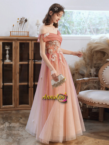 Shop 2021 Pink Off The Shoulder Appliques Flower Bling Bling Sequin Prom Dress Under 158