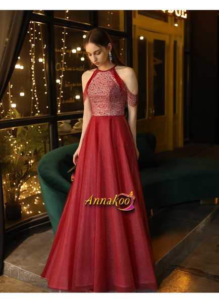 Shop 2021 Halter Sequin Tulle Red A Line Bling Sparkly Prom Dress Under 165