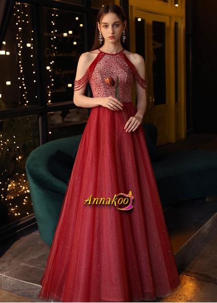 Halter Sequin Tulle Red A Line Bling Sparkly Prom Dress