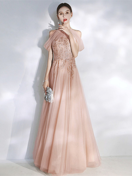 Shop 2021 Champagne Halter Tulle Appliques Lace Up A Line Prom Dress Under 148