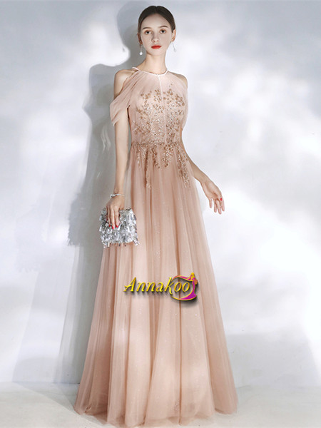 Champagne Halter Tulle Appliques Lace Up A Line Prom Dress