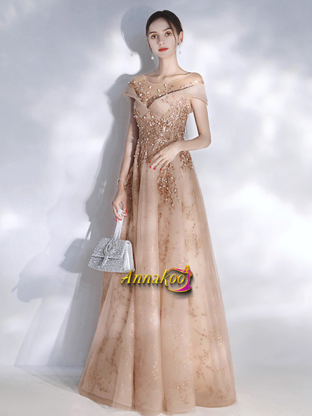 Champagne Scoop Beading See Through A Line Prom Dress