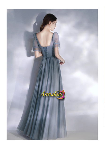 Shop 2021 Puffy Short Sleeves Tulle Beading Blue A Line Prom Dress Under 139