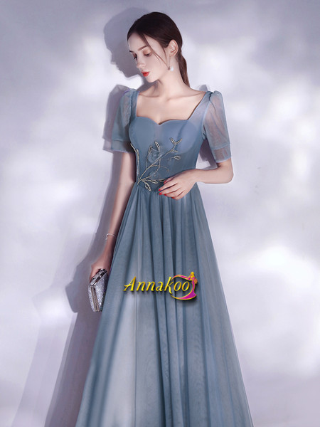 Shop 2021 Puffy Short Sleeves Tulle Beading Blue A Line Prom Dress Under 139