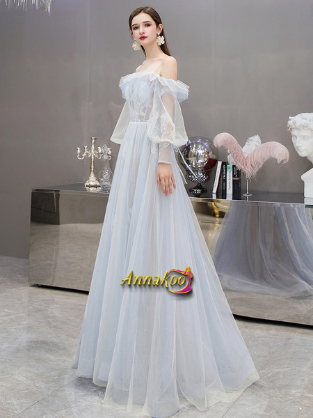 Buy 2021 Off The Shoulder Light Blue See Through Appliques Tulle Long Sleeve Prom Dress From Annakoo