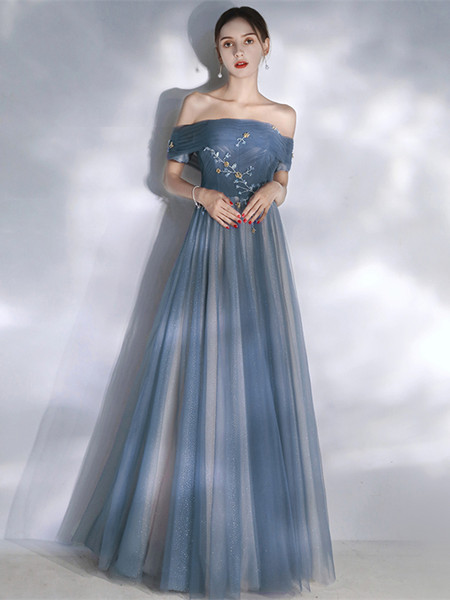 Shop 2021 Off The Shoulder Tulle Blue Flower Appliques Lace Up Prom Dress Under 148